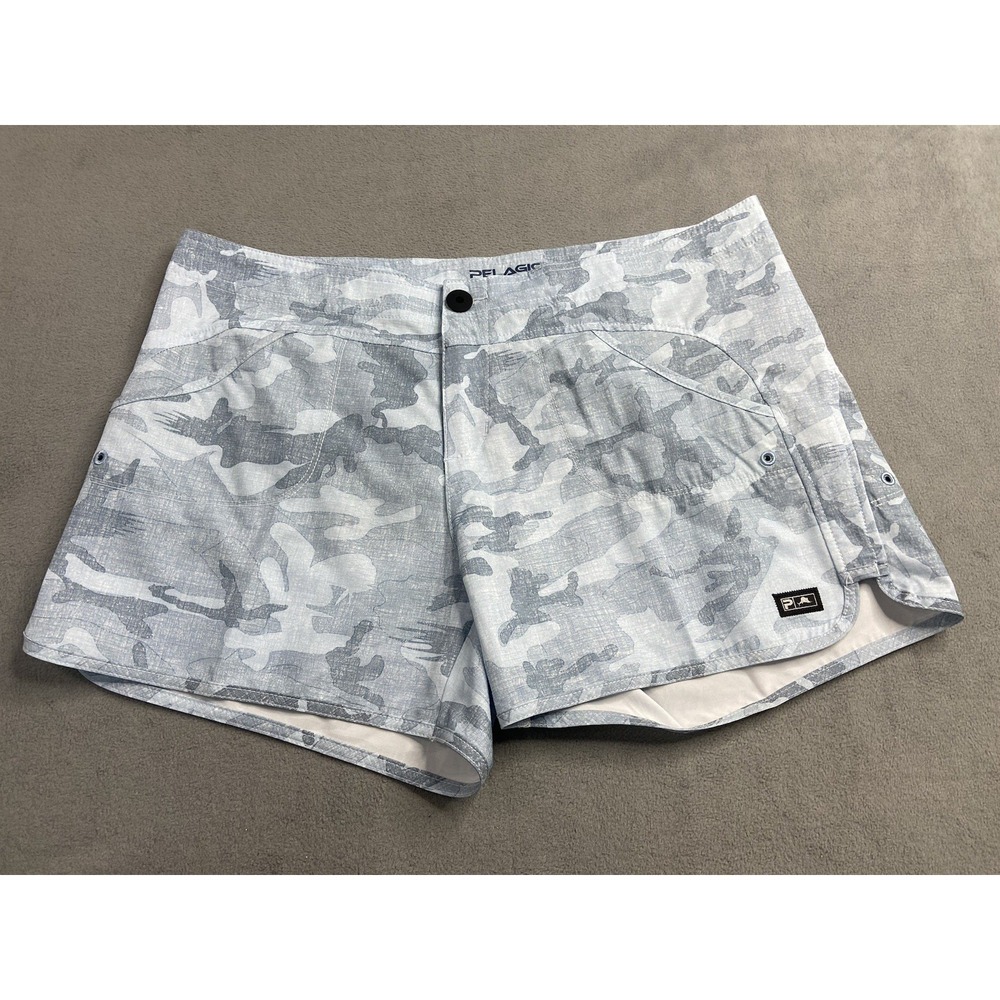 Pelagic Shorts Women 12 Blue Camo Moan Fishing Hybrid Swim UPF 50 Outdoor Board